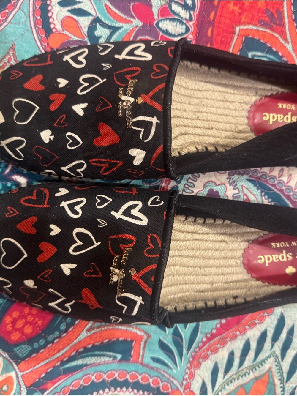 Kate Spade Black Red and White Heart-Print Slip-On Flats